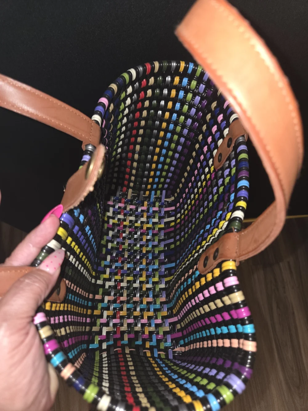 Multicolor Woven Tote Bag with Leather Handles